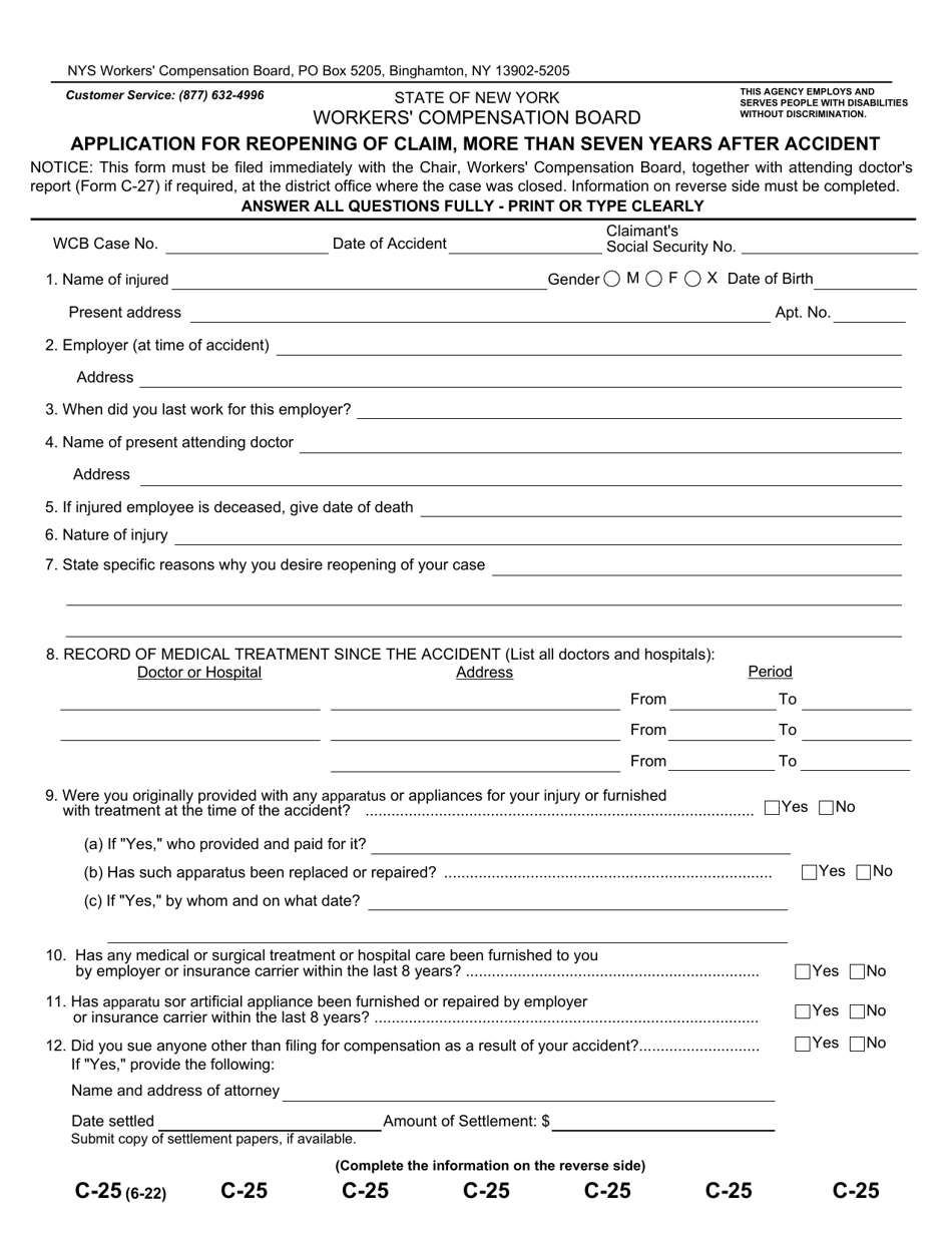 Form C-25 Application for Reopening of Claim, More Than Seven Years After Accident - New York, Page 1