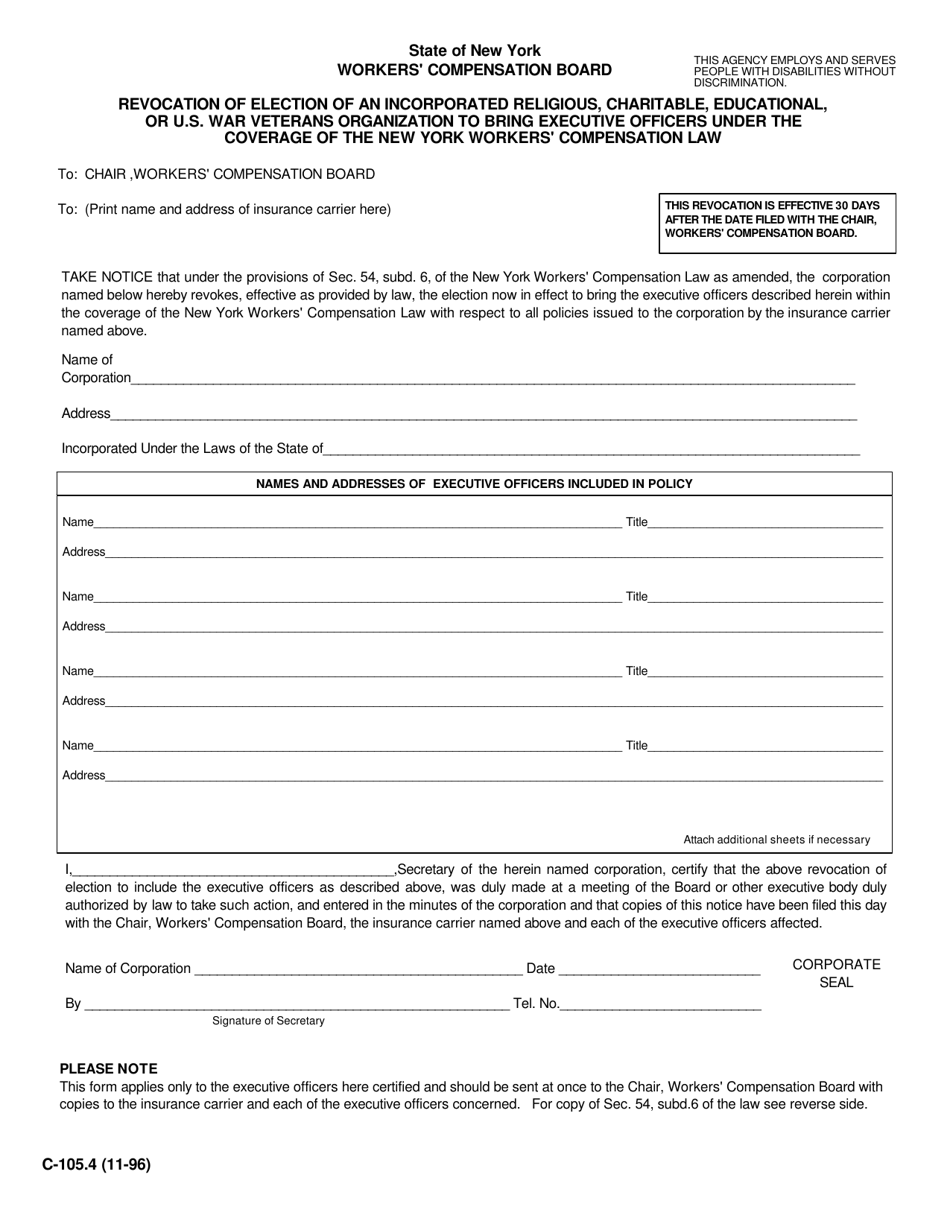 Form C-105.4 Revocation of Election of an Incorporated Religious, Charitable, Educational, or U.S. War Veterans Organization to Bring Executive Officers Under the Coverage of the New York Workers Compensation Law - New York, Page 1