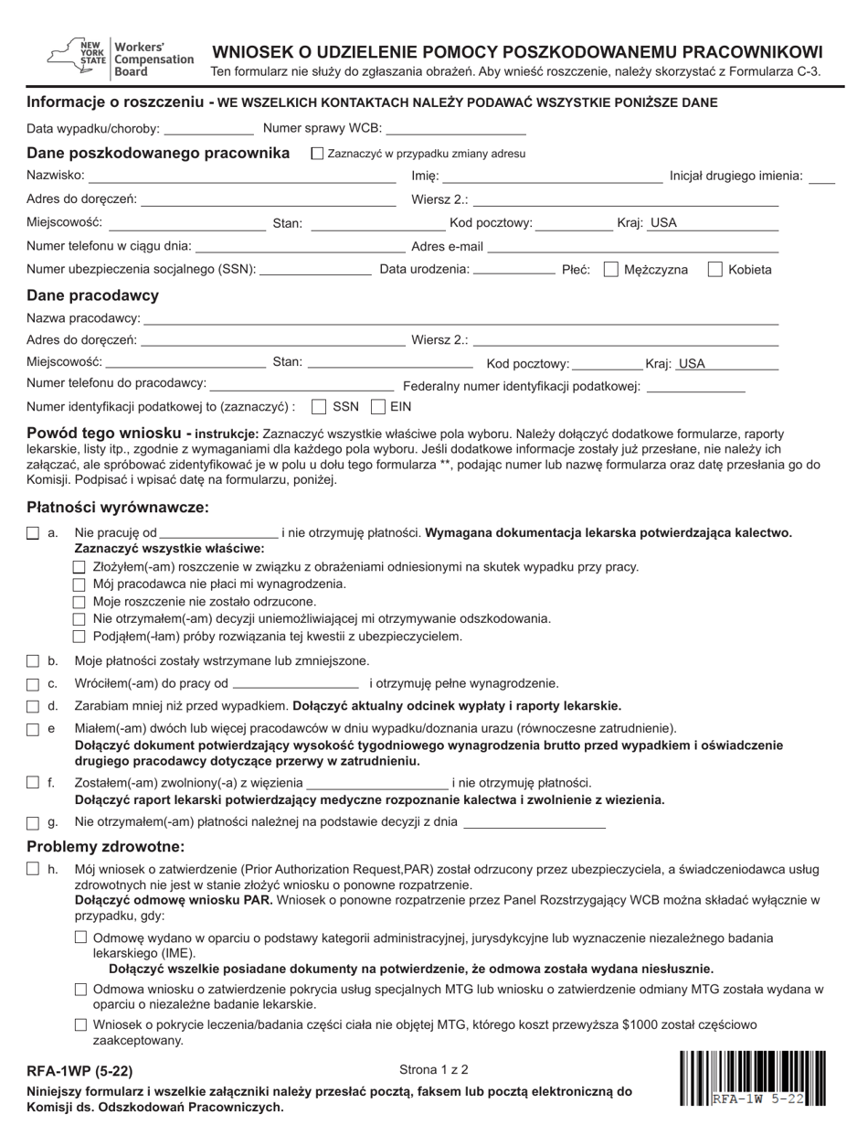 Form RFA-1W Request for Assistance by Injured Worker - New York (Polish), Page 1