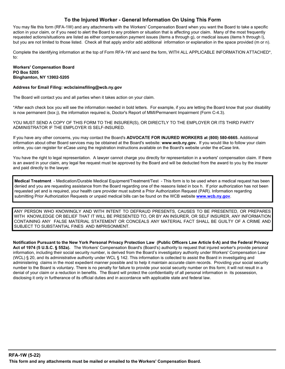 Form RFA-1W Request for Assistance by Injured Worker - New York, Page 3