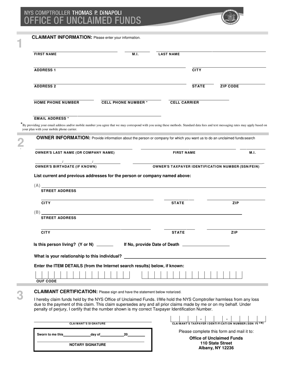 Blank Claim Form - New York, Page 1