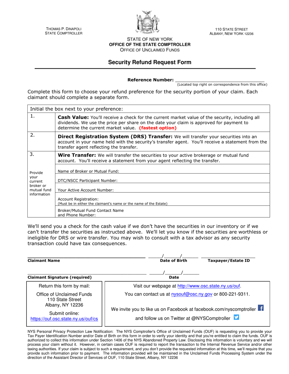 Security Refund Request Form - New York, Page 1
