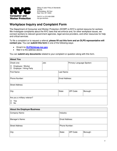 Workplace Inquiry and Complaint Form - New York City Download Pdf