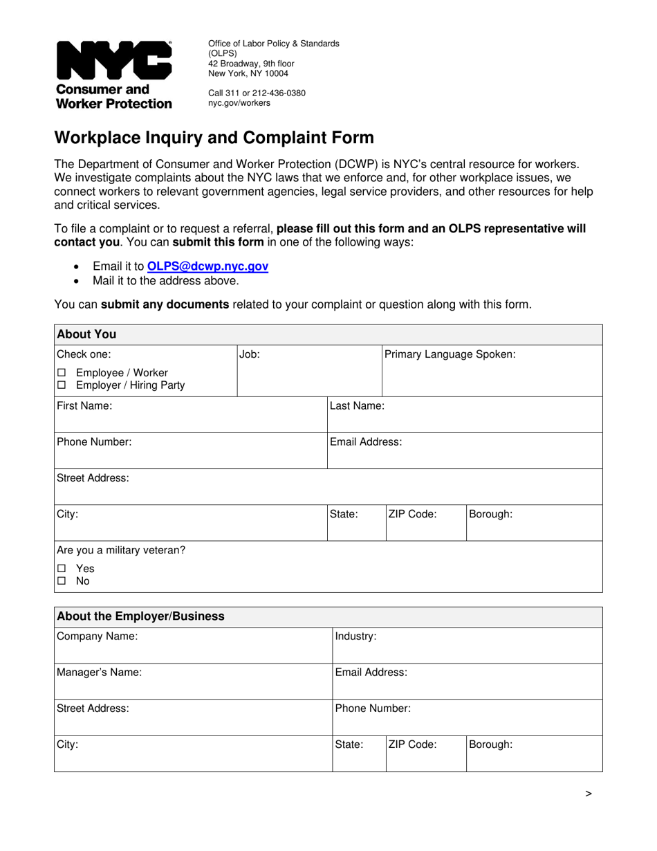 New York City Workplace Inquiry and Complaint Form - Fill Out, Sign ...