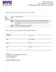 Document preview: Application for Certified Copy of Vital Records - New York City