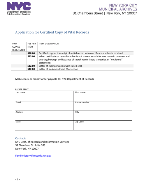 Application for Certified Copy of Vital Records - New York City Download Pdf