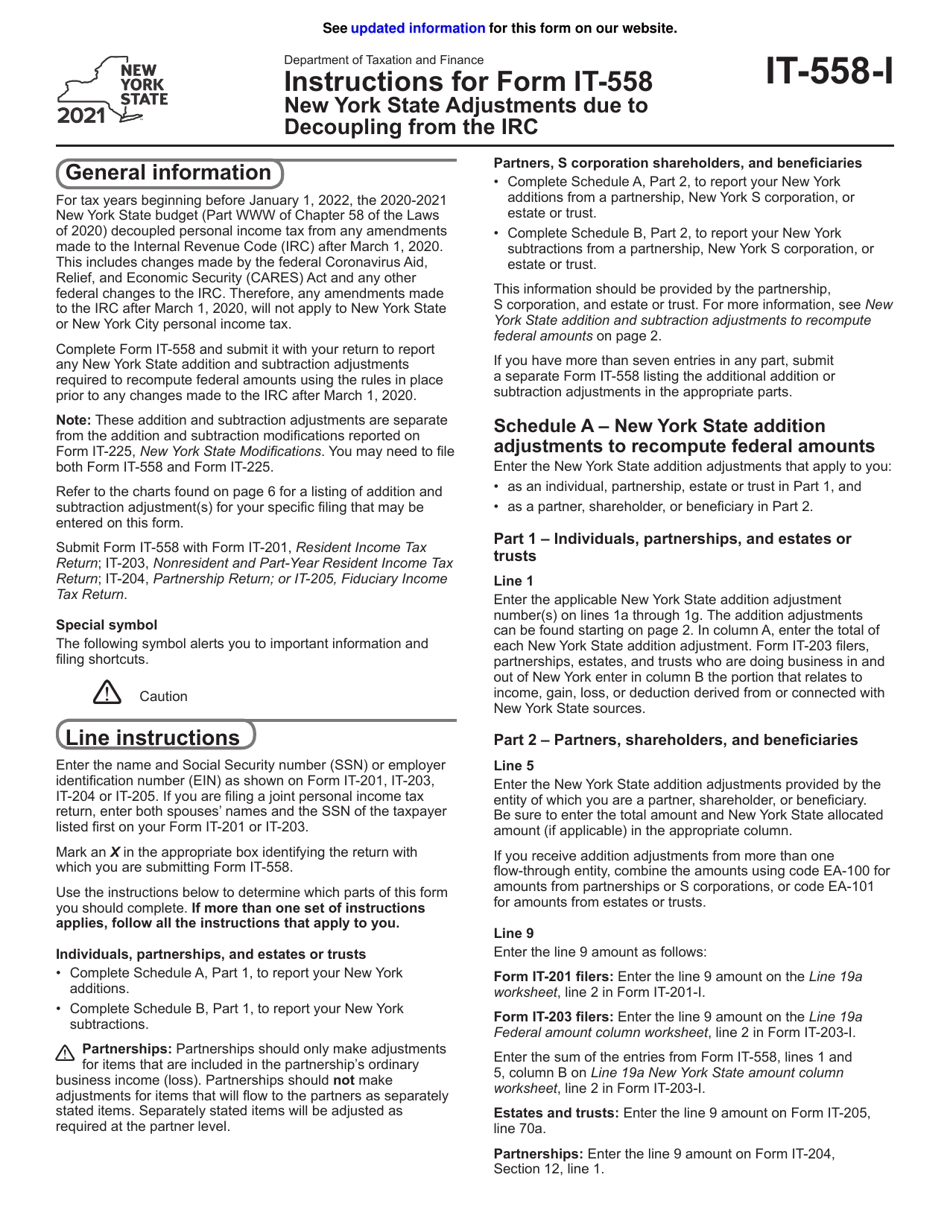 Instructions for Form IT-558 New York State Adjustments Due to Decoupling From the Irc - New York, Page 1