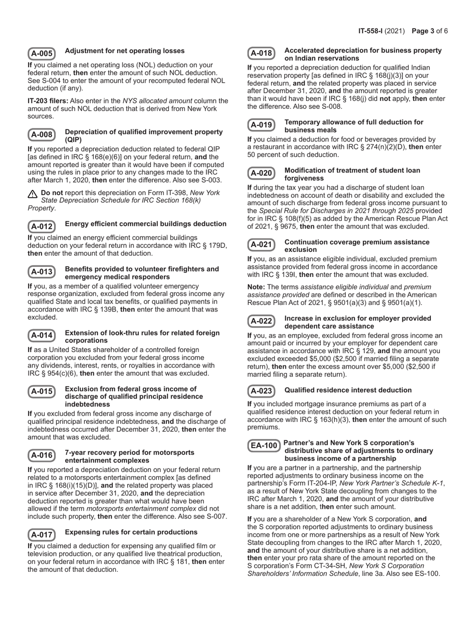 Instructions for Form IT-558 New York State Adjustments Due to Decoupling From the Irc - New York, Page 3