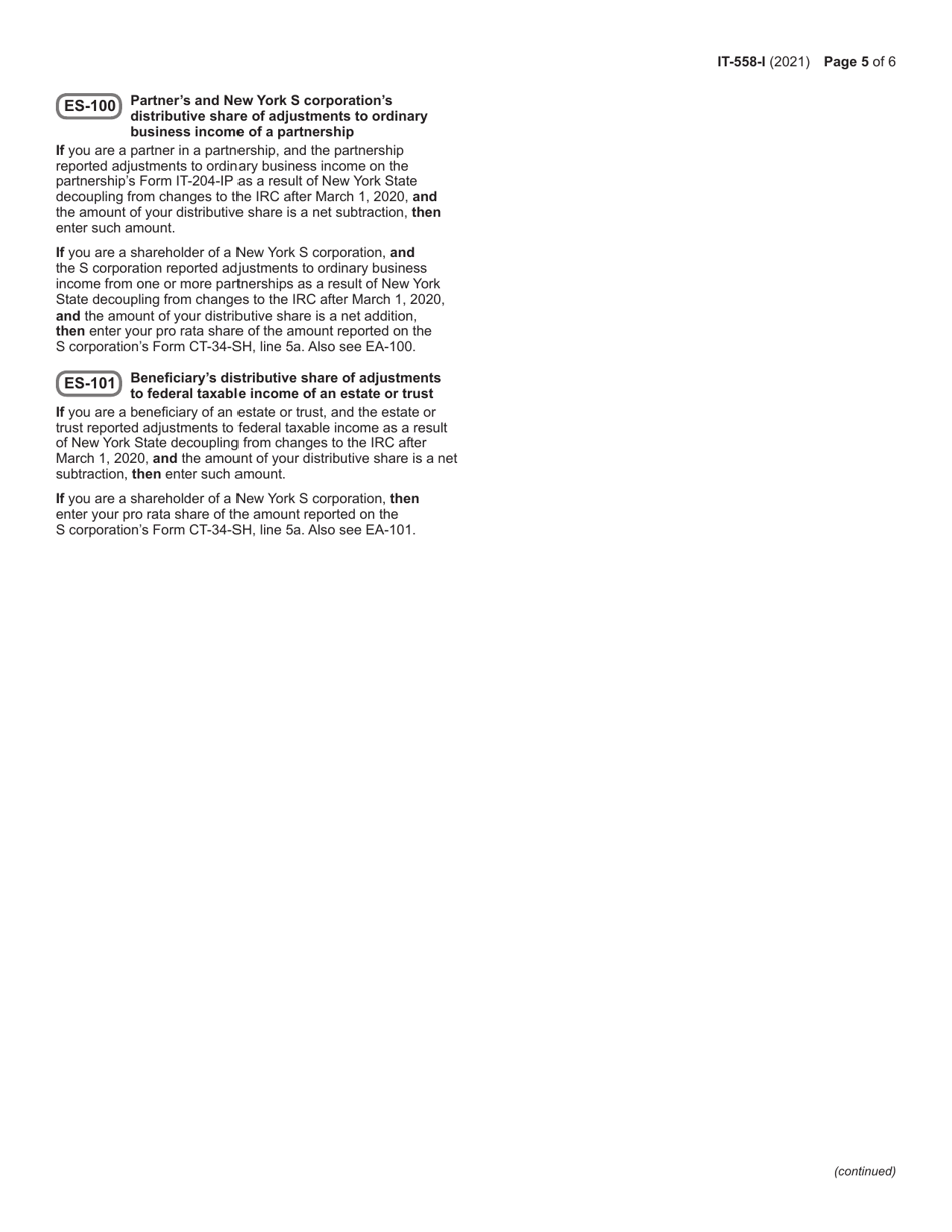 Instructions for Form IT-558 New York State Adjustments Due to Decoupling From the Irc - New York, Page 5