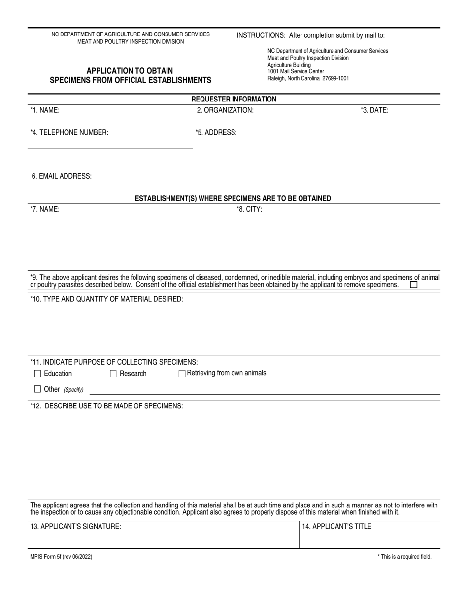 MPIS Form 5F Application to Obtain Specimens From Official Establishments - North Carolina, Page 1