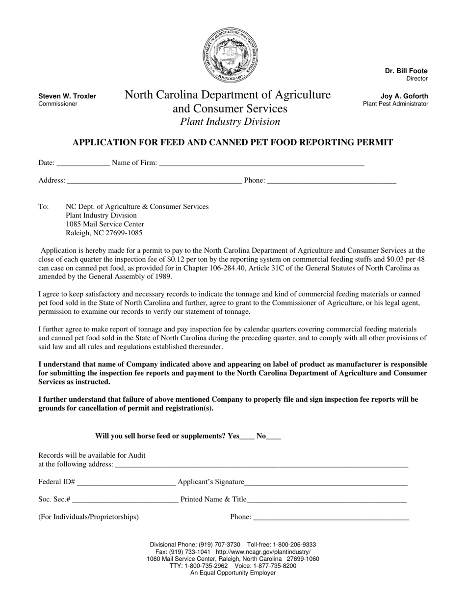North Carolina Application for Feed and Canned Pet Food Reporting
