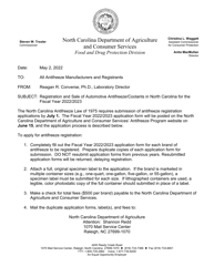 Application for Permit for Sale of Antifreeze - North Carolina