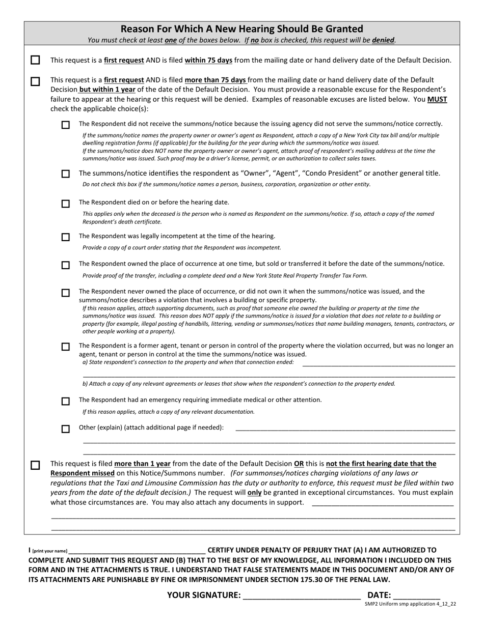 Form SMP2 Request for a New Hearing After a Failure to Appear (Motion to Vacate a Default) - New York City, Page 2