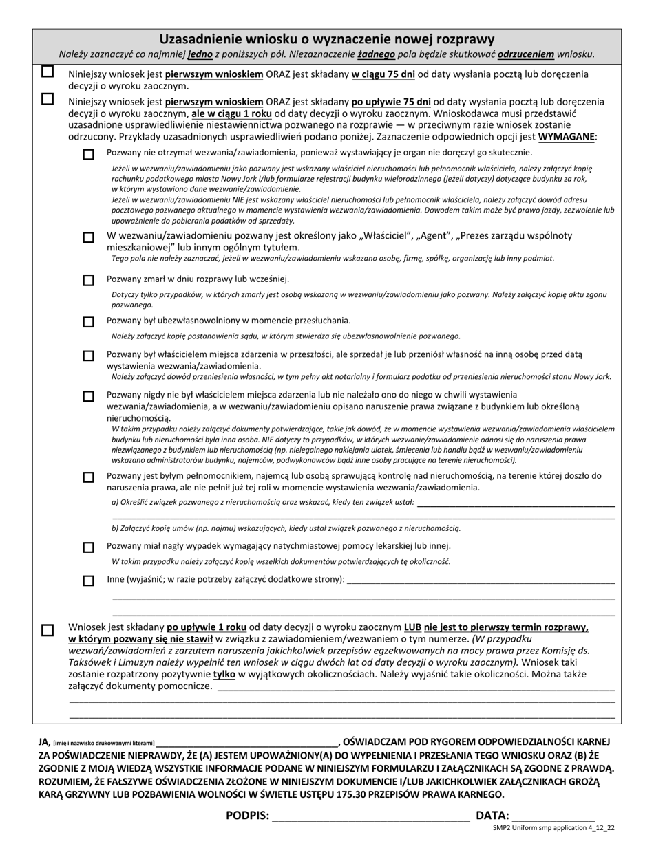 Form SMP2 Request for a New Hearing After a Failure to Appear (Motion to Vacate a Default) - New York City (Polish), Page 2