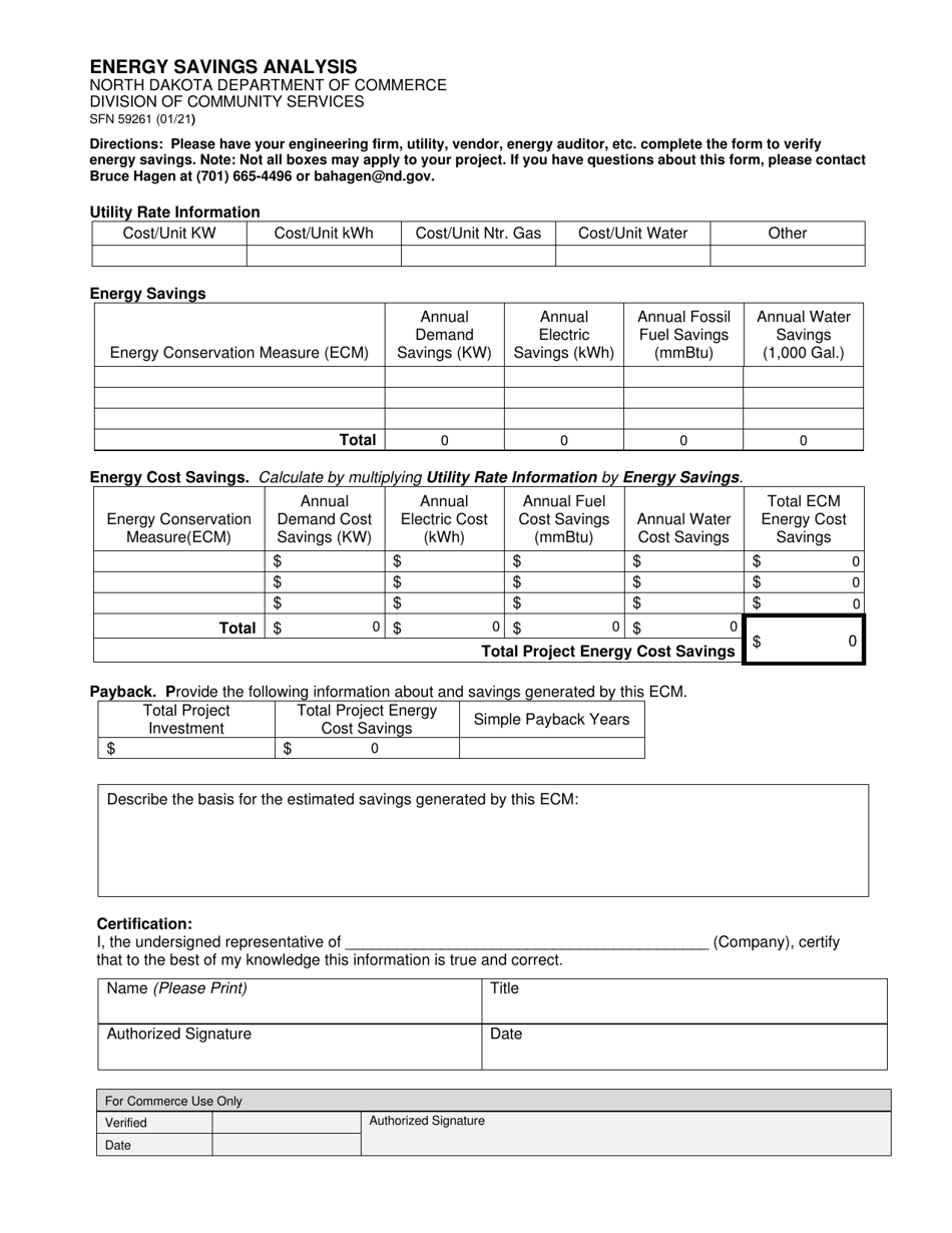 Form SFN59261 Energy Savings Analysis - North Dakota, Page 1