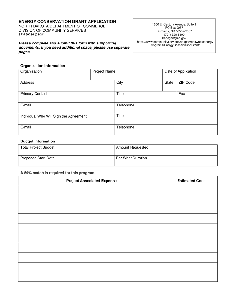 Form SFN59236 Energy Conservation Grant Application - North Dakota, Page 1