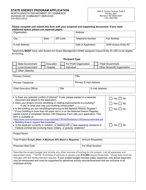 Form SFN59023 State Energy Program Application - North Dakota