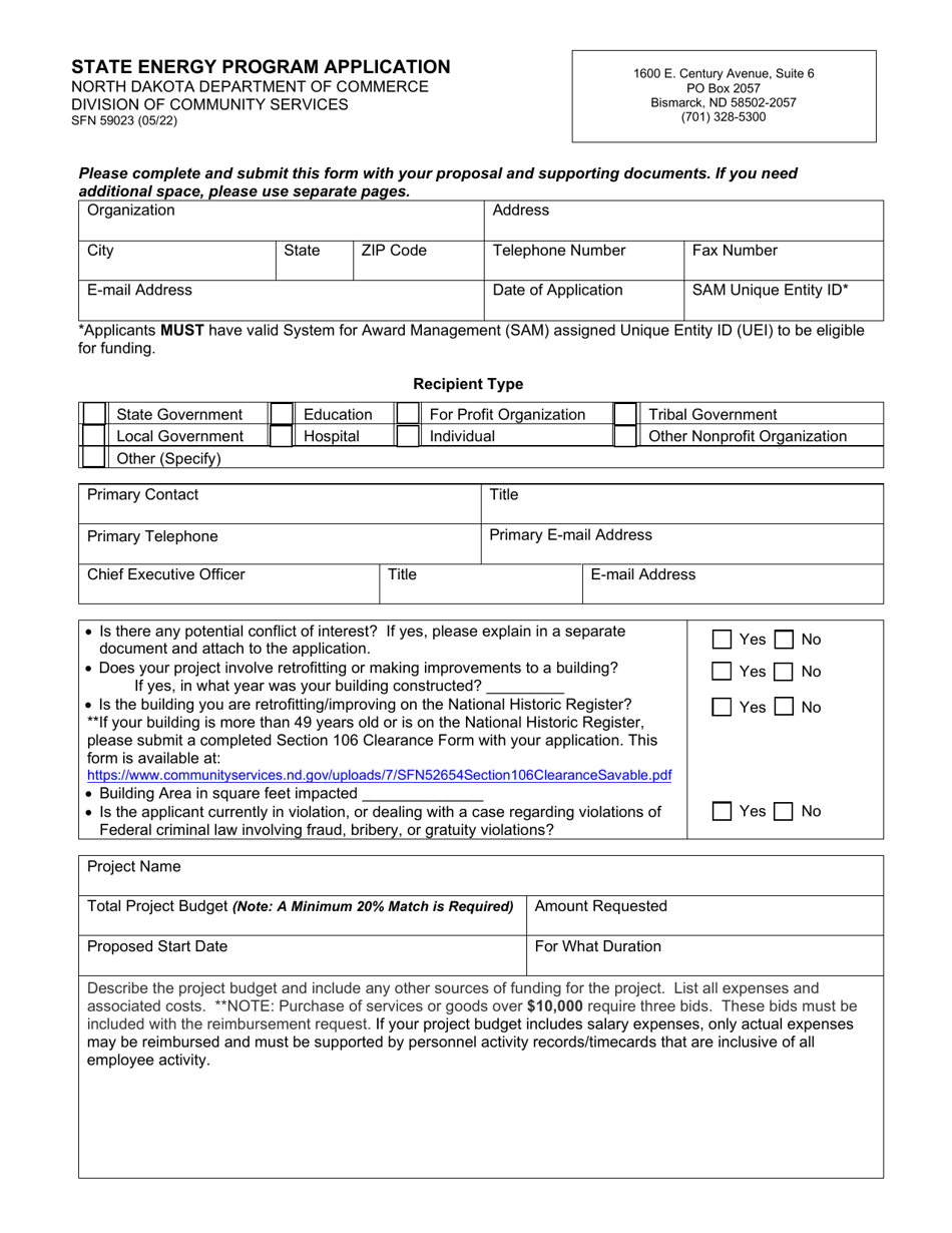 Form SFN59023 State Energy Program Application - North Dakota, Page 1