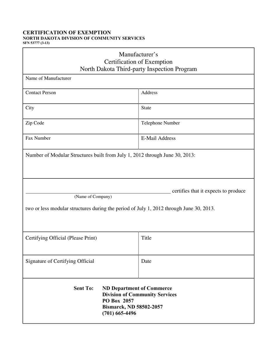 Form SFN53777 Manufacturers Certification of Exemption - North Dakota Third-Party Inspection Program - North Dakota, Page 1