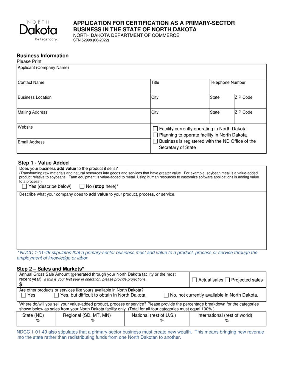 Form SFN52998 Application for Certification as a Primary-Sector Business in the State of North Dakota - North Dakota, Page 1