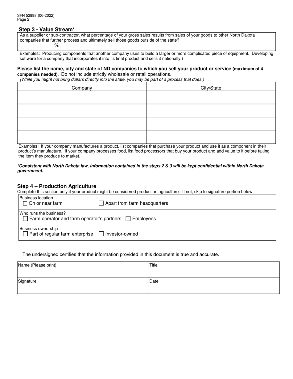 Form SFN52998 Application for Certification as a Primary-Sector Business in the State of North Dakota - North Dakota, Page 2