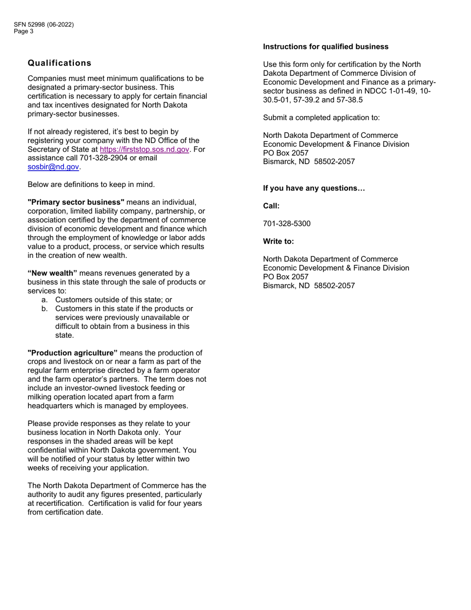 Form SFN52998 Application for Certification as a Primary-Sector Business in the State of North Dakota - North Dakota, Page 3