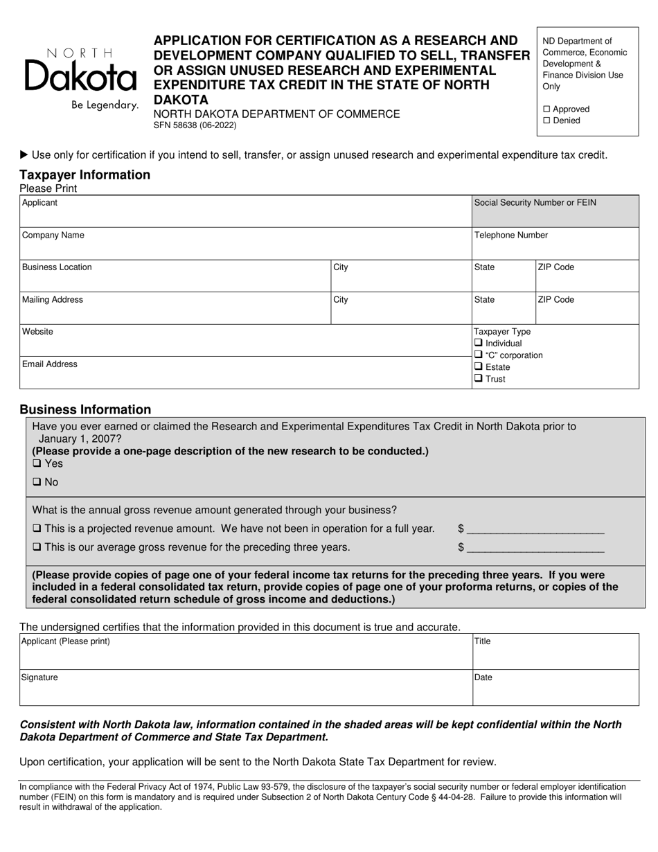 Form SFN58638 Application for Certification as a Research and Development Company Qualified to Sell, Transfer or Assign Unused Research and Experimental Expenditure Tax Credit in the State of North Dakota - North Dakota, Page 1