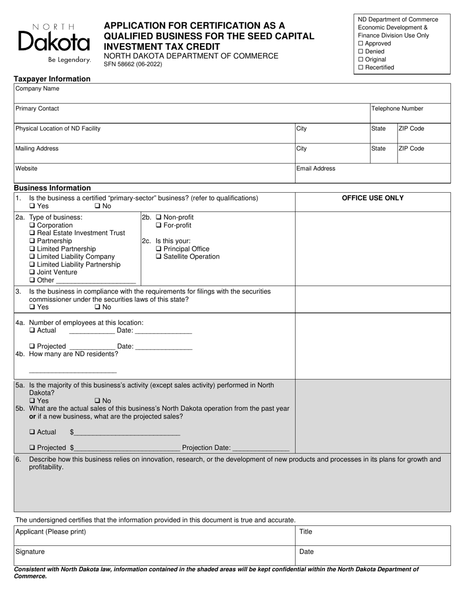 Form SFN58662 Application for Certification as a Qualified Business for the Seed Capital Investment Tax Credit - North Dakota, Page 1