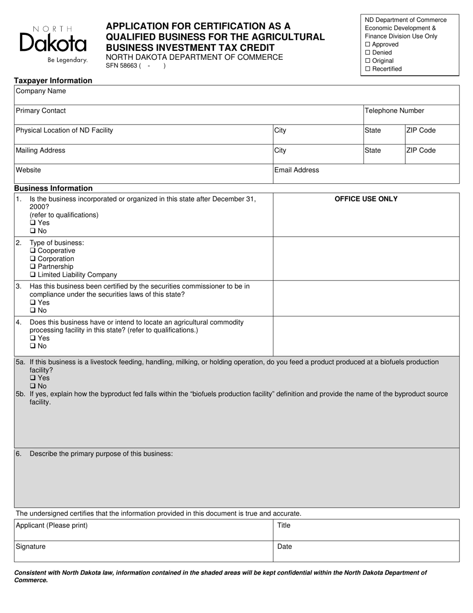 Form SFN58663 Application for Certification as a Qualified Business for the Agricultural Business Investment Tax Credit - North Dakota, Page 1