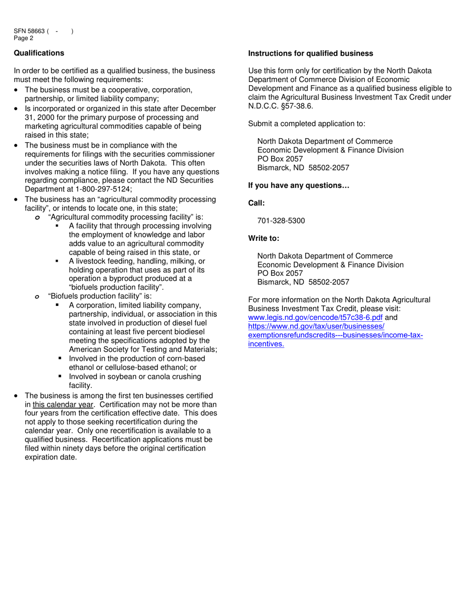 Form SFN58663 Application for Certification as a Qualified Business for the Agricultural Business Investment Tax Credit - North Dakota, Page 2