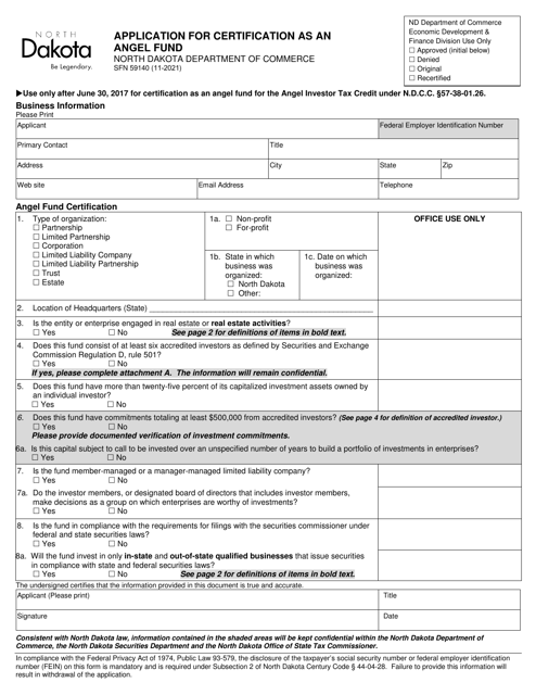 Form SFN59140 Application for Certification as an Angel Fund - North Dakota