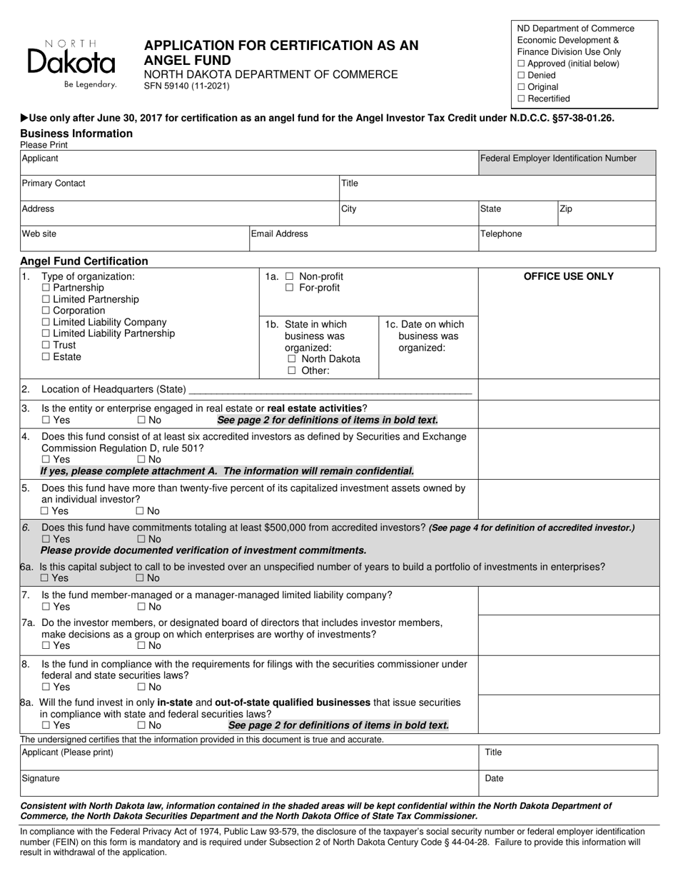 Form SFN59140 Application for Certification as an Angel Fund - North Dakota, Page 1