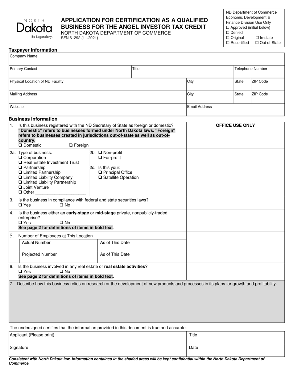 Form SFN61292 Application for Certification as a Qualified Business for the Angel Investor Tax Credit - North Dakota, Page 1