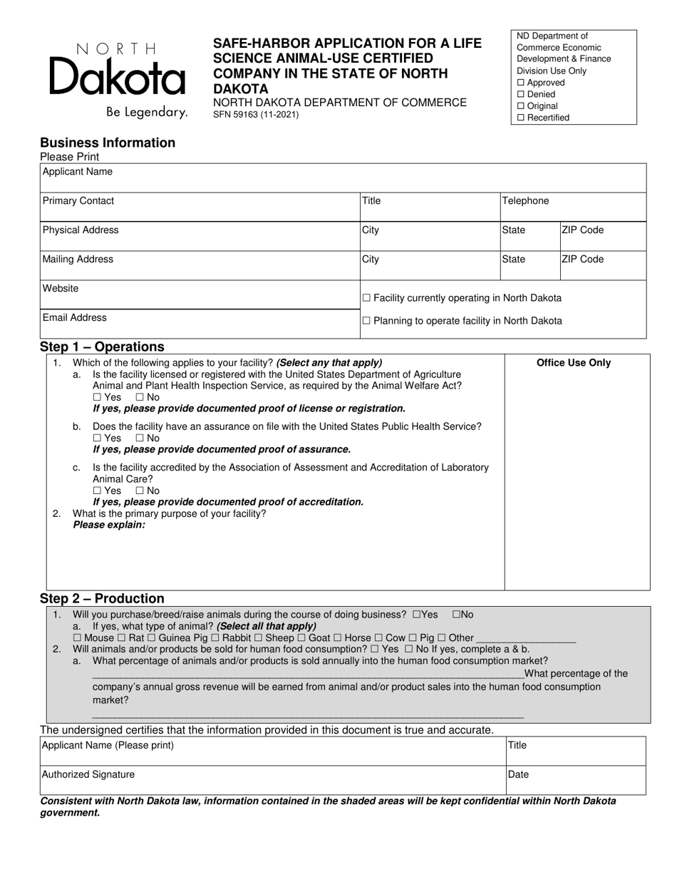 Form SFN59163 Safe-Harbor Application for a Life Science Animal-Use Certified Company in the State of North Dakota - North Dakota, Page 1