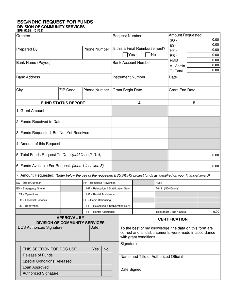 Form SFN52681 Esg / Ndhg Request for Funds - North Dakota, Page 1