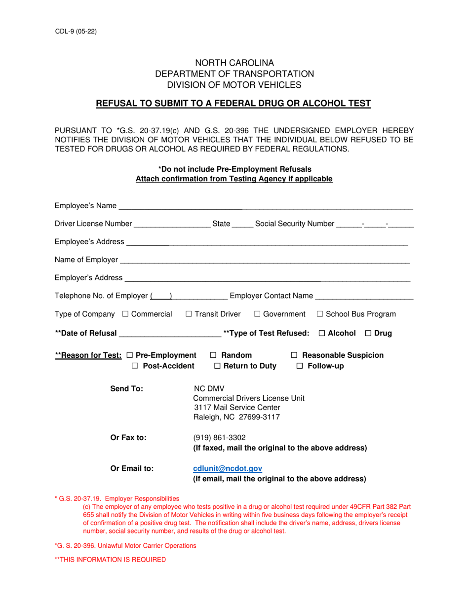 Form CDL9 Download Printable PDF or Fill Online Refusal to Submit to a