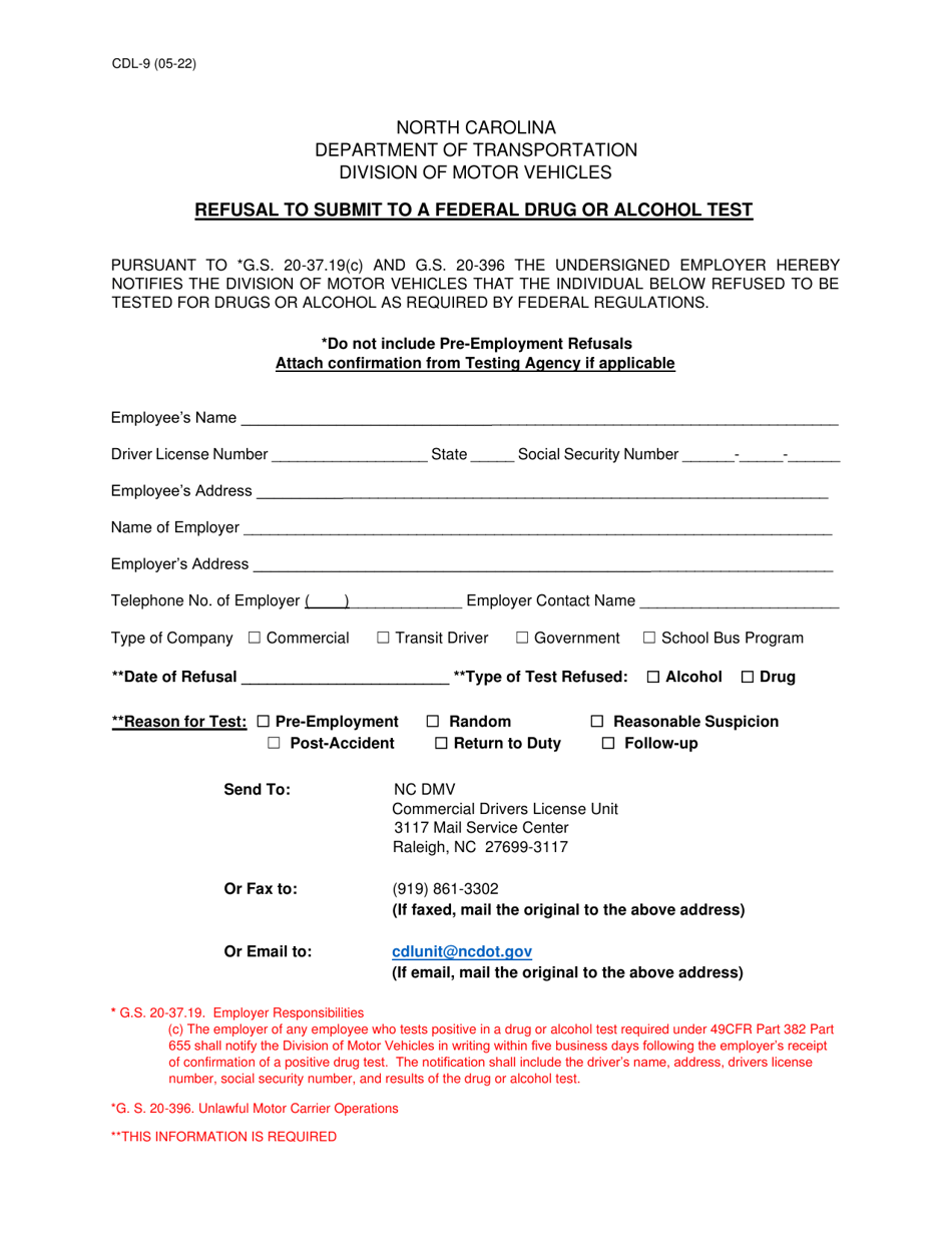 Form CDL-9 Refusal to Submit to a Federal Drug or Alcohol Test - North Carolina, Page 1