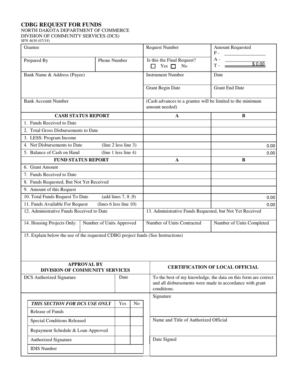 Form SFN4630 Cdbg Request for Funds - North Dakota, Page 1
