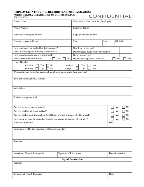 Form SFN52341 Employee Interview Record (Labor Standards) - North Dakota