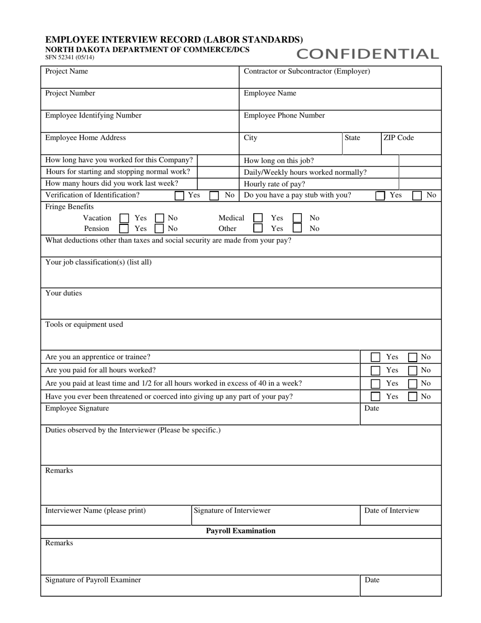 Form SFN52341 Employee Interview Record (Labor Standards) - North Dakota, Page 1