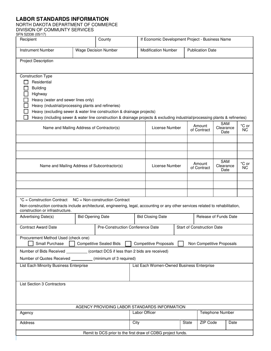Form SFN52338 Labor Standards Information - North Dakota, Page 1