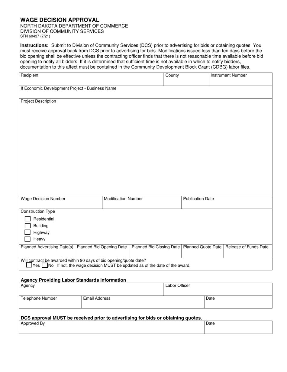 Form SFN60437 Wage Decision Approval - North Dakota, Page 1