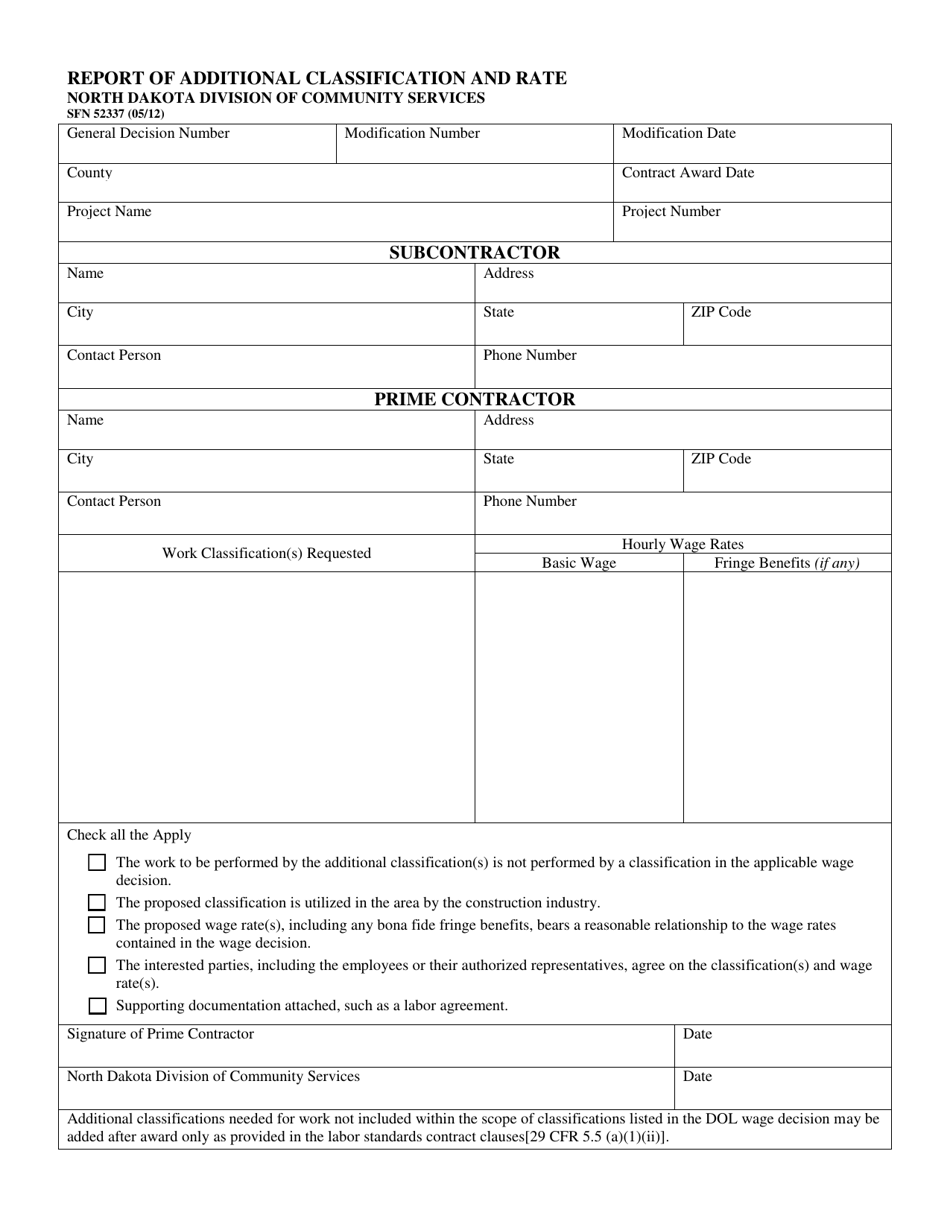 Form SFN52337 Report of Additional Classification and Rate - North Dakota, Page 1
