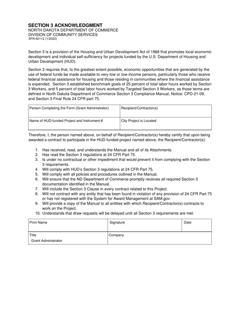 Form SFN62112 Section 3 Acknowledgment - North Dakota