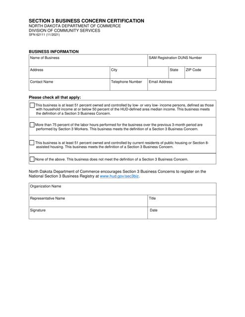 Form SFN62111 Section 3 Business Concern Certification - North Dakota