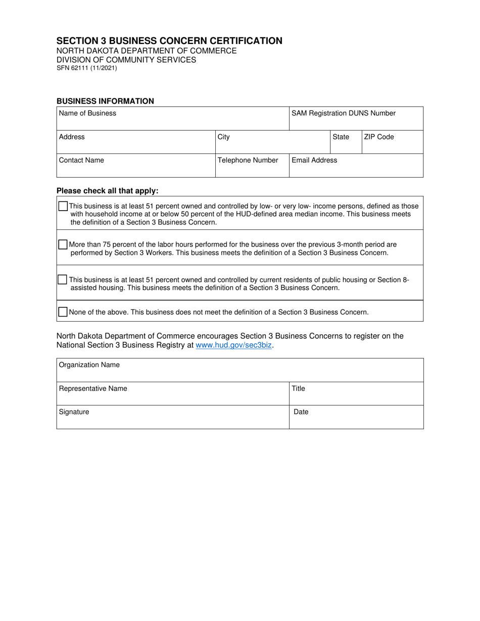Form SFN62111 Section 3 Business Concern Certification - North Dakota, Page 1