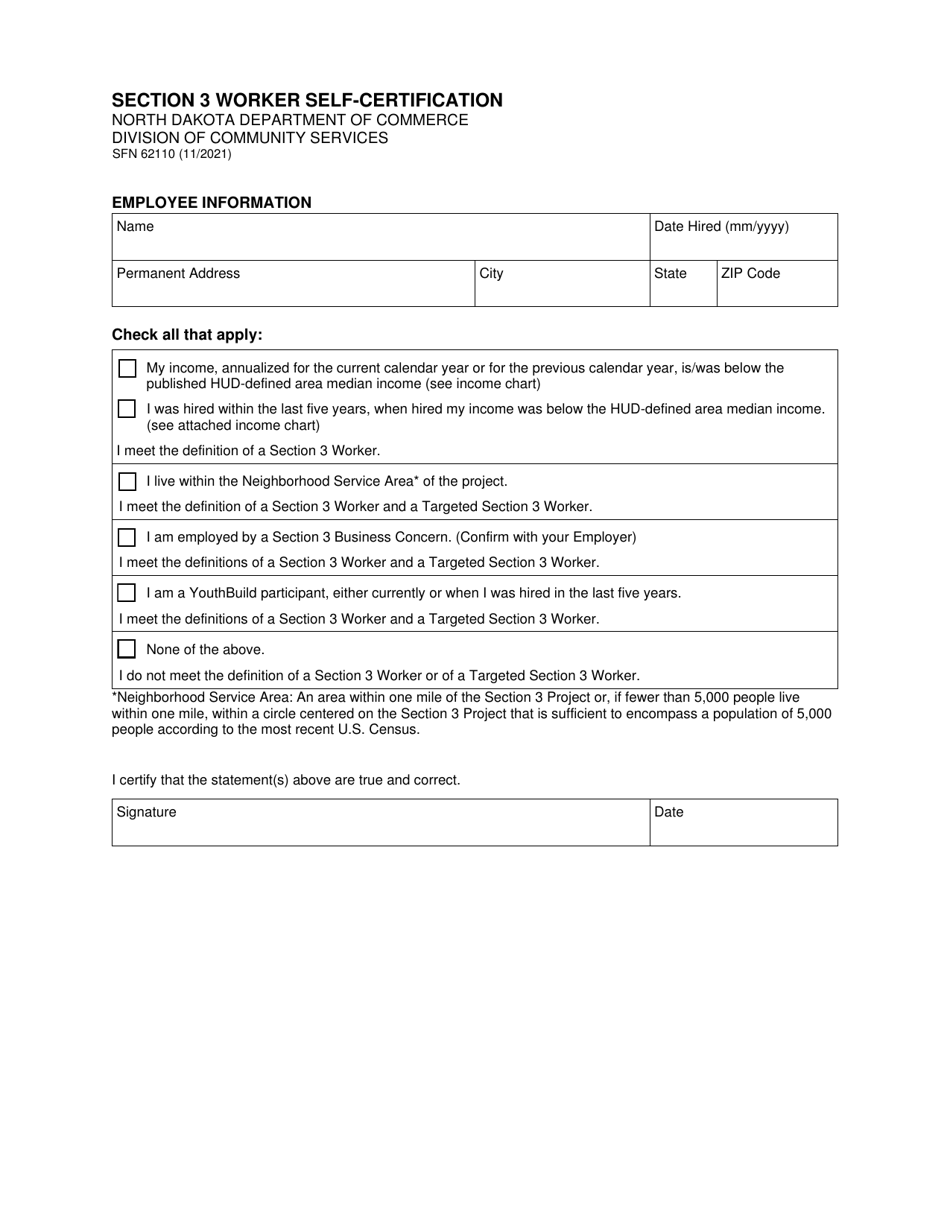 Form SFN62110 Section 3 Worker Self-certification - North Dakota, Page 1