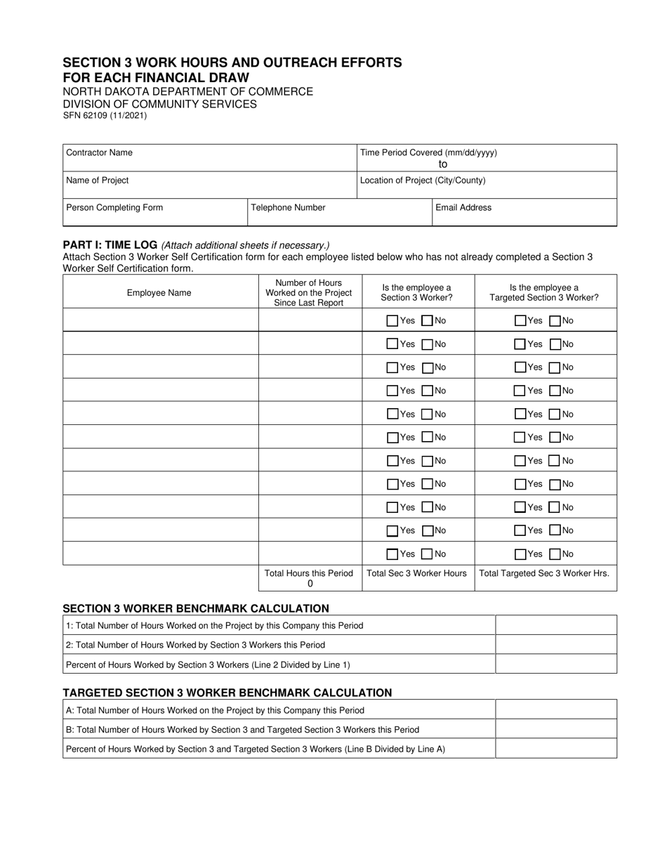 Form SFN62109 Section 3 Work Hours and Outreach Efforts for Each Financial Draw - North Dakota, Page 1