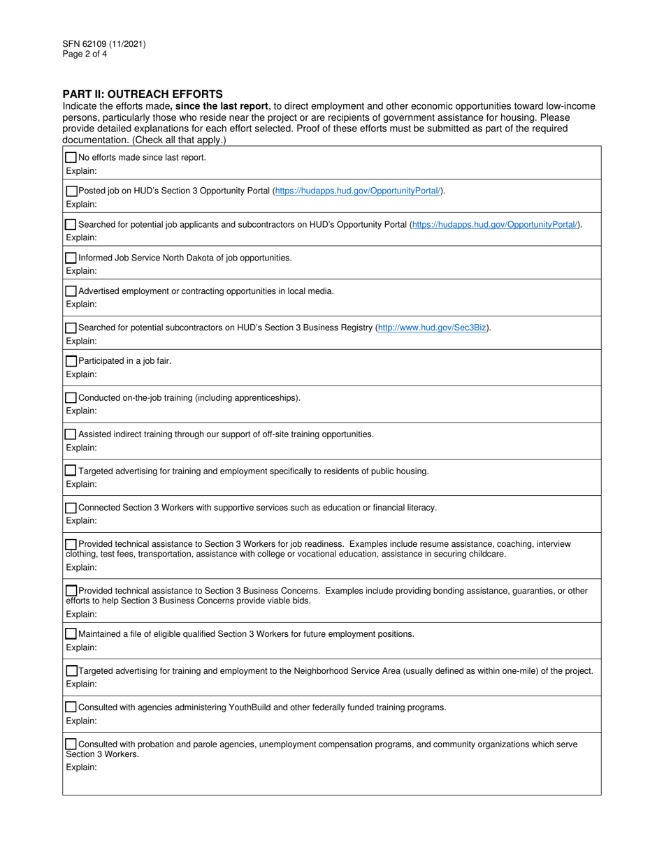 Form SFN62109 Section 3 Work Hours and Outreach Efforts for Each Financial Draw - North Dakota, Page 2