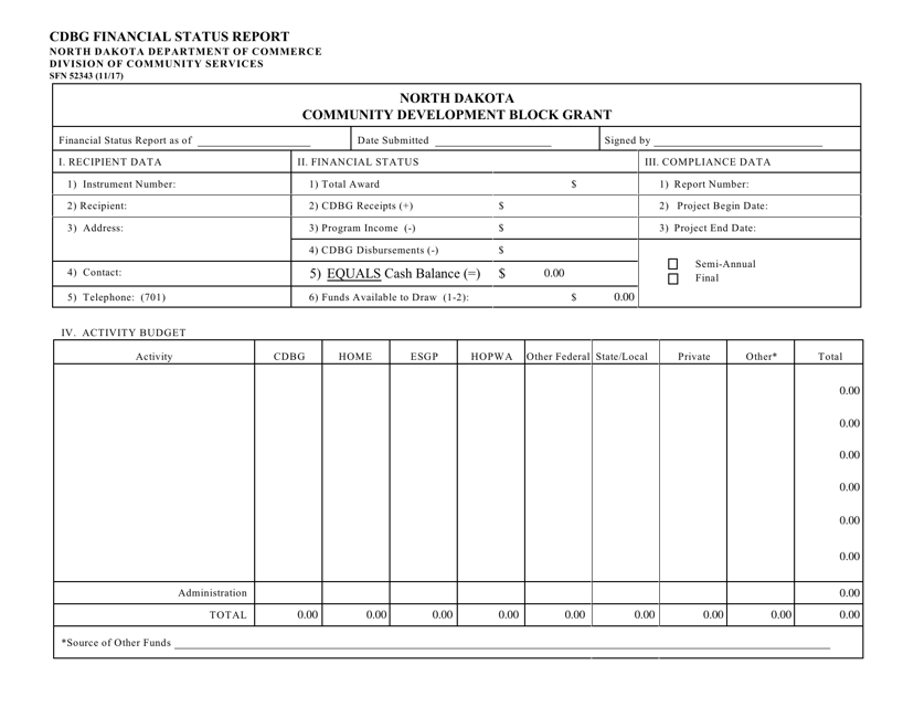 Form SFN52343 Cdbg Financial Status Report - North Dakota